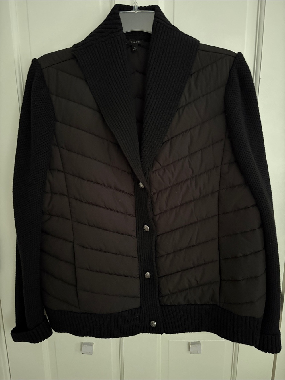 Talbots Black XL Quilted Front Knit-Trim Button Cardigan Jacket
